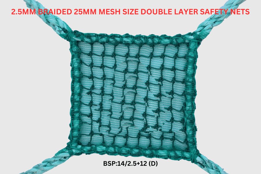 Industrial Braided Construction Safety Nets 2.5mm Braided 25mm Mesh Size Double Layer Safety Nets