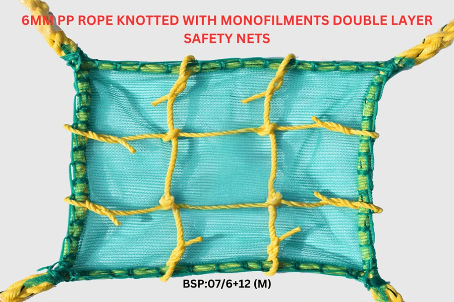 Industrial PP Rope Safety Nets 6mm PP Rope Knotted with Monofilments Double Layer Safety Nets